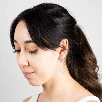 An alternate image of the Pointed Oval Petal Earrings worn on the body